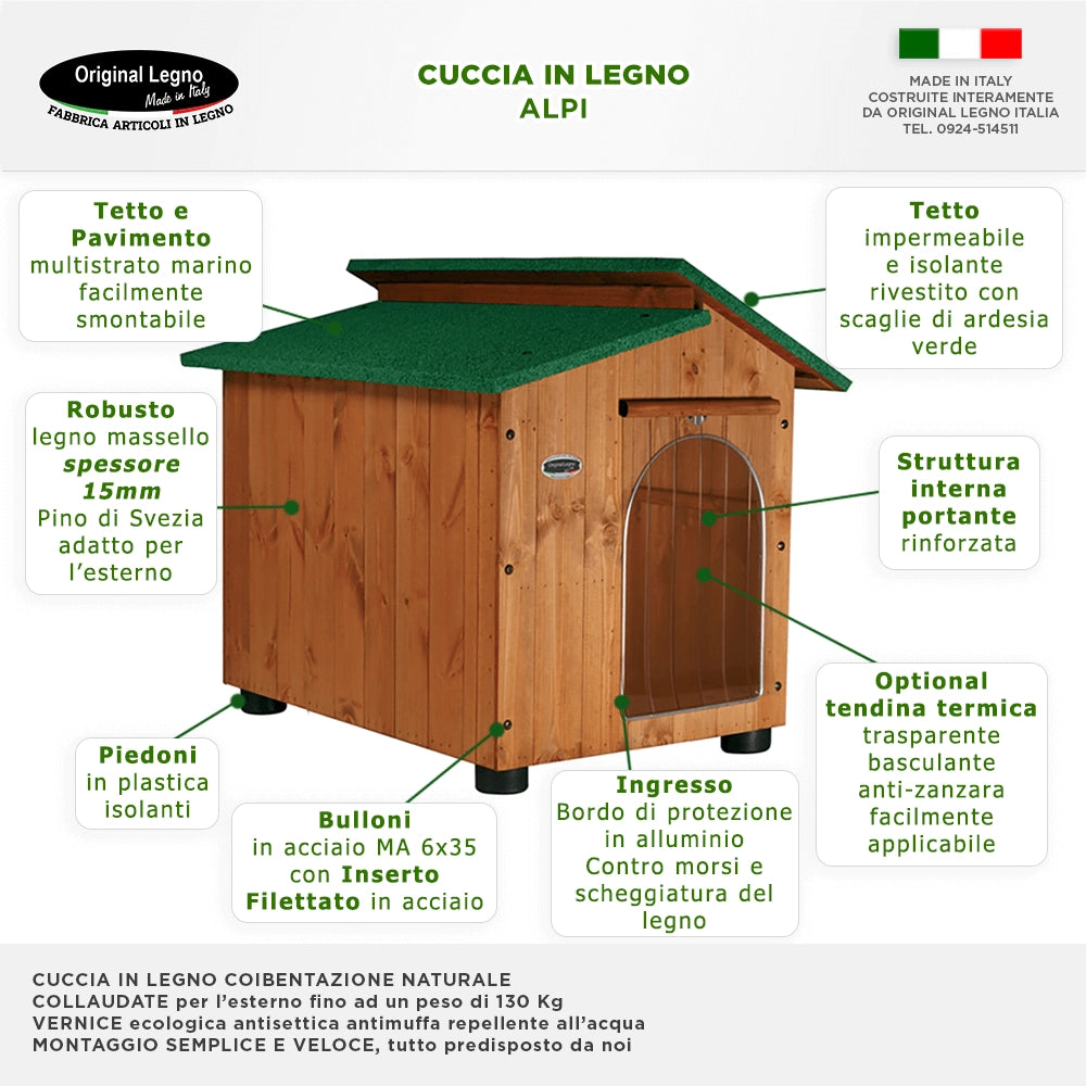 CUCCIA IN LEGNO DA ESTERNO MODELLO ALPI B-BARBONCINO CON "TENDINA OMAGGIO" L.60 x P.70 x H.62