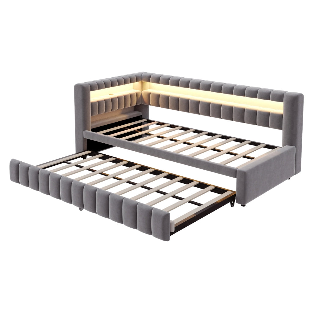 LETTO DIVANO ESTRAIBILE 90x200 cm Velluto Grigio con LED e USB