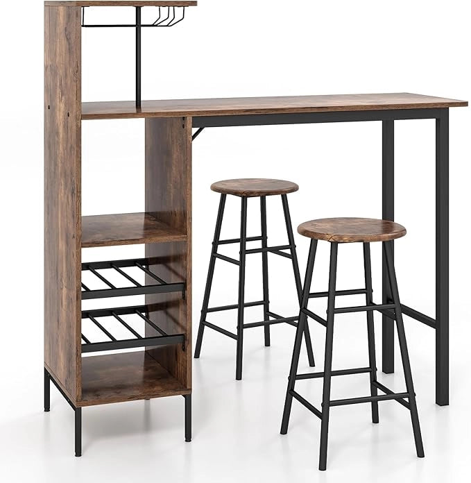 Set 3 Pezzi Tavolo e Sedie da Bar, Tavolo e Sgabelli da Pub Industriale con Porta Calici e 6 Portabottiglie da Vino, Set di Tavolo per Sala da Pranzo, Ristorante e Bar (Caffè)