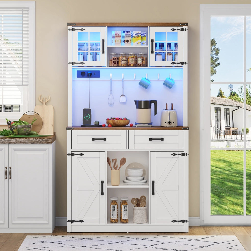 Credenza bar con LED e prese; in MDF; marrone e bianco