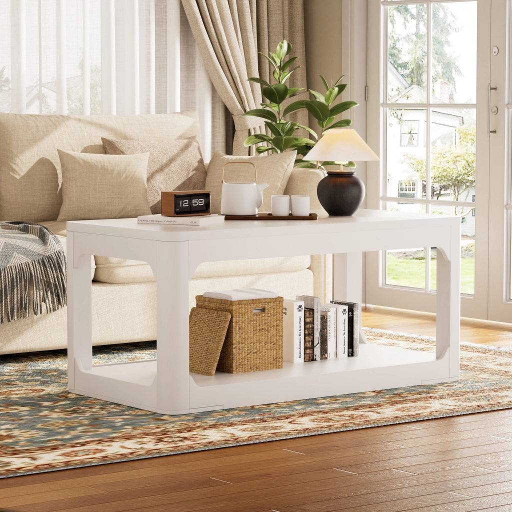 Tavolino da caffè moderno bianco con doppio ripiano, 100x50x44,5 cm, in MDF