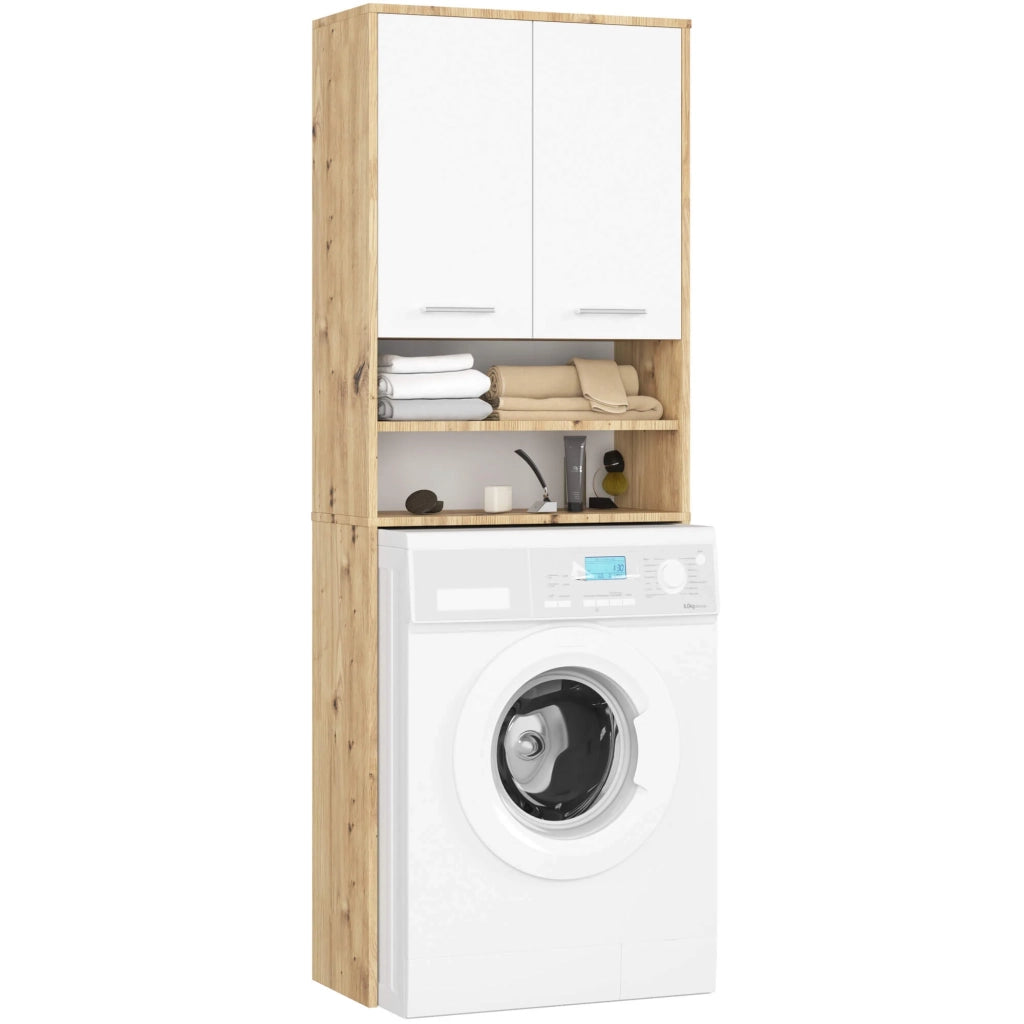 Colonna da bagno AKORD FIN per incasso di una lavatrice Quercia Artisan 64 cm 2 ante inserto frontale Bianco 64x30x180 cm
