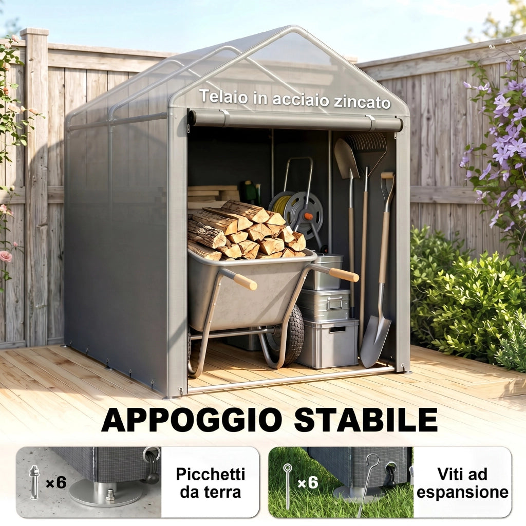 Capanno Attrezzi Tenda Garage con Copertura Anti UV e Telaio in Metallo, 120x179x165cm, Grigio Chiaro