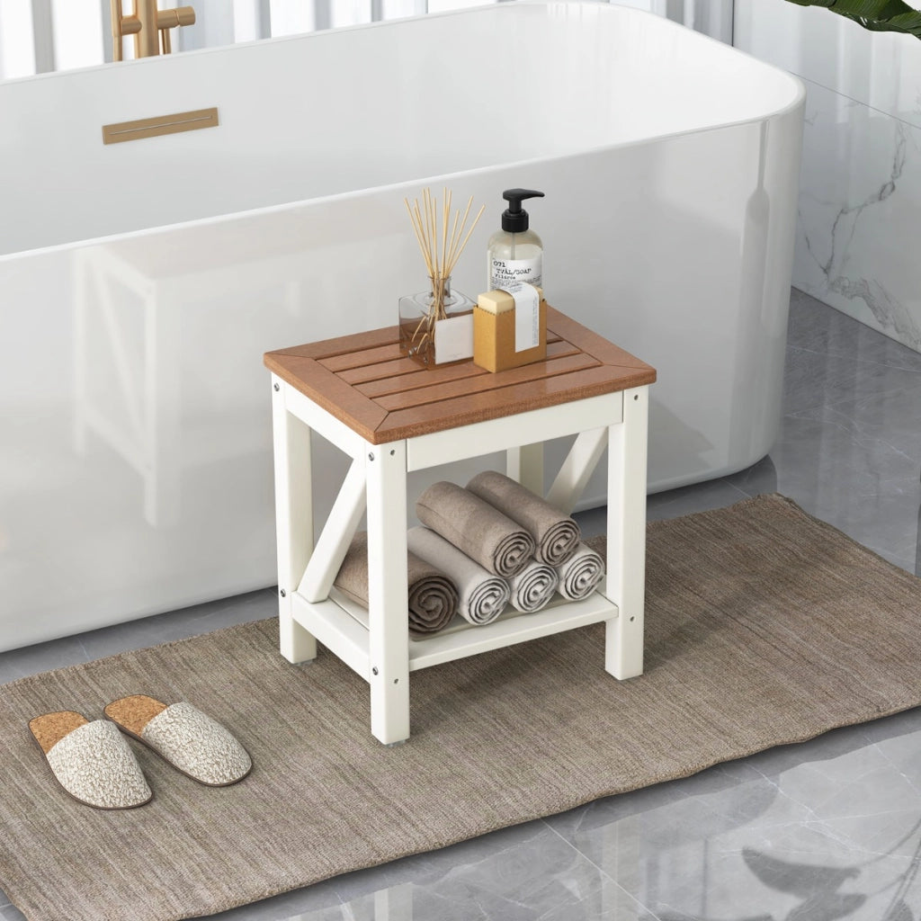 Sgabello da doccia a 2 livelli con ripiano portaoggetti e portata 150 kg, Sgabello da bagno impermeabile Marrone