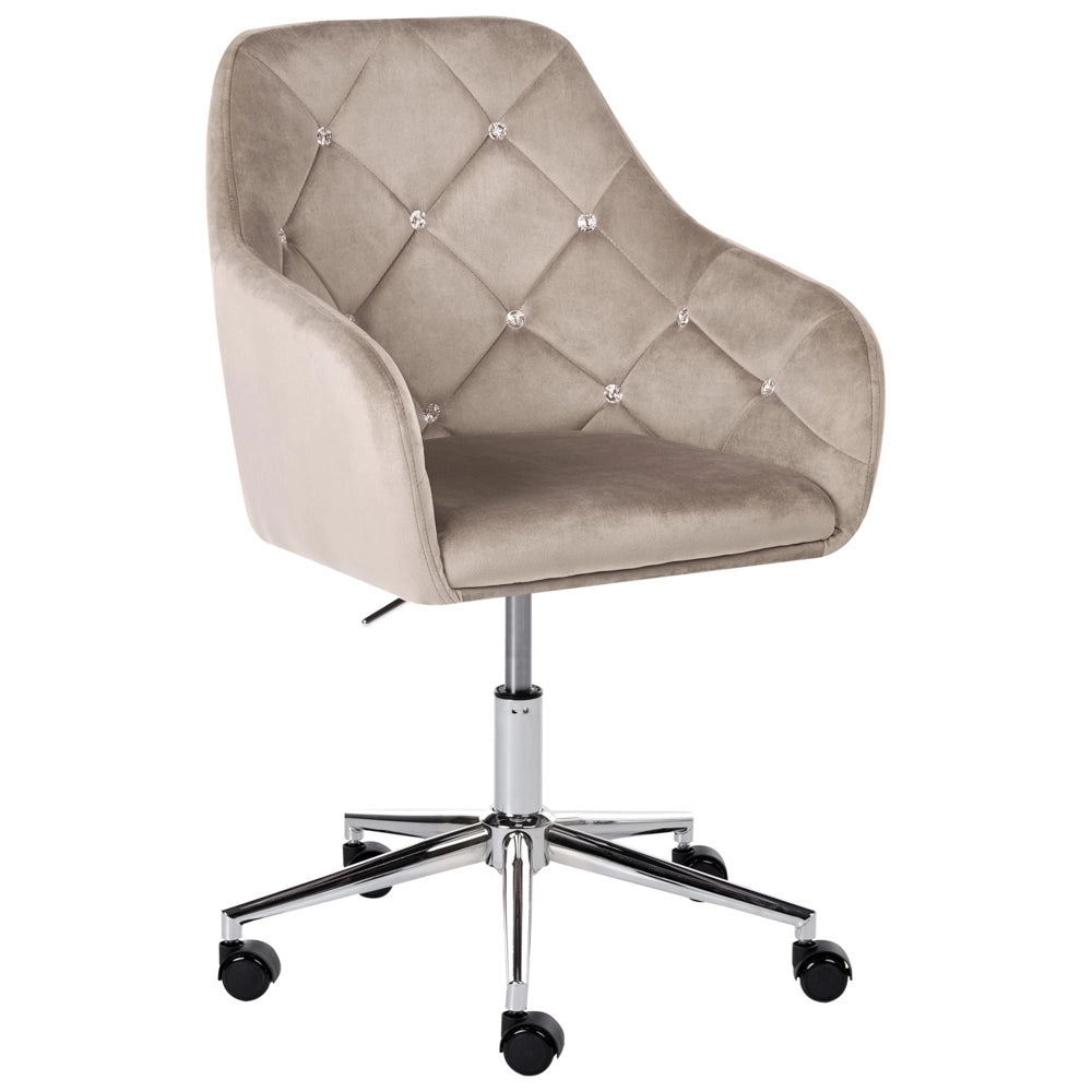 Sedia da ufficio in velluto beige con meccanismo a gas per la regolazione dell'altezza schienale trapuntato con cristalli e base girevole a 360°