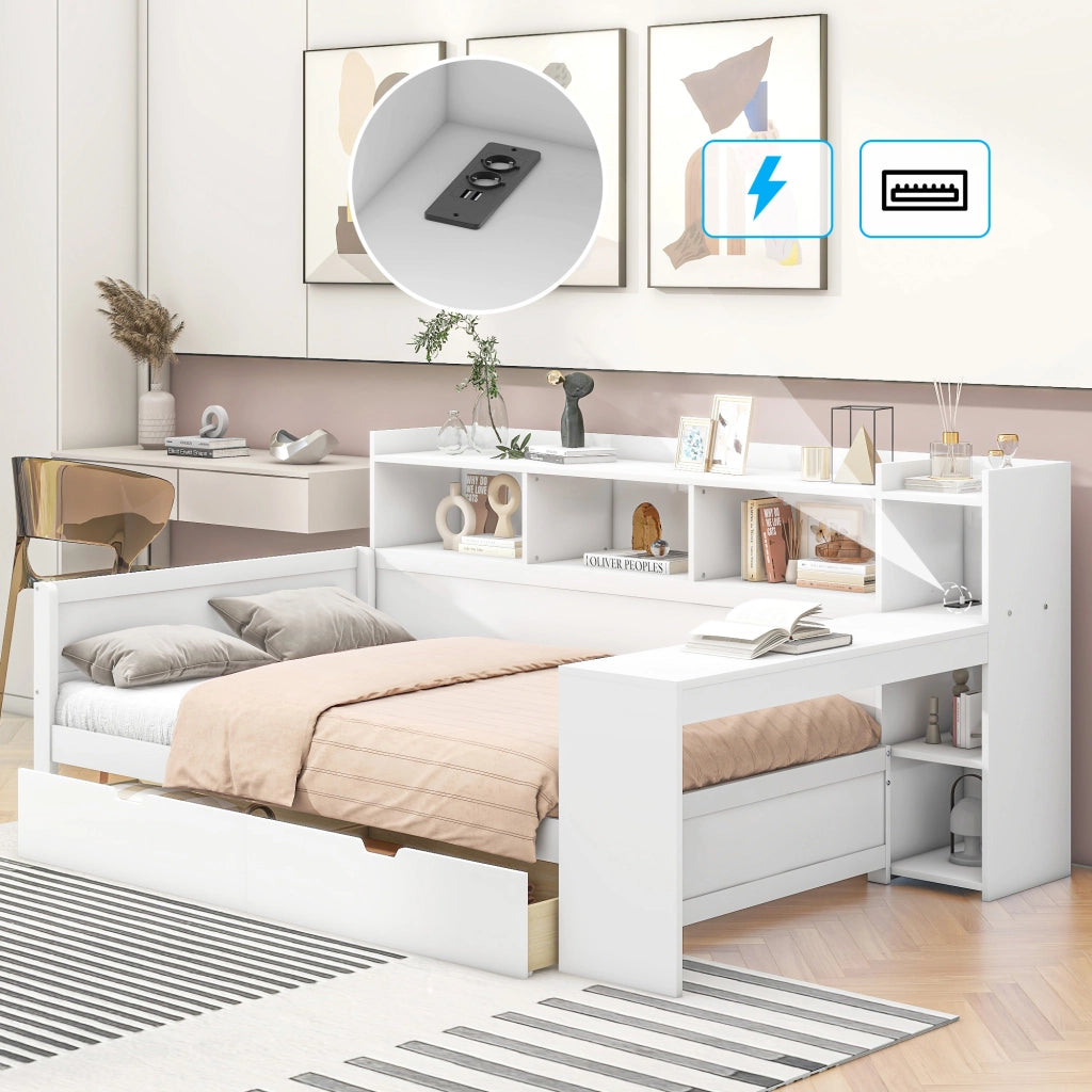Letto singolo 90×200 cm con scrivania; 2 cassetti; prese USB e vano portaoggetti; senza materasso; bianco