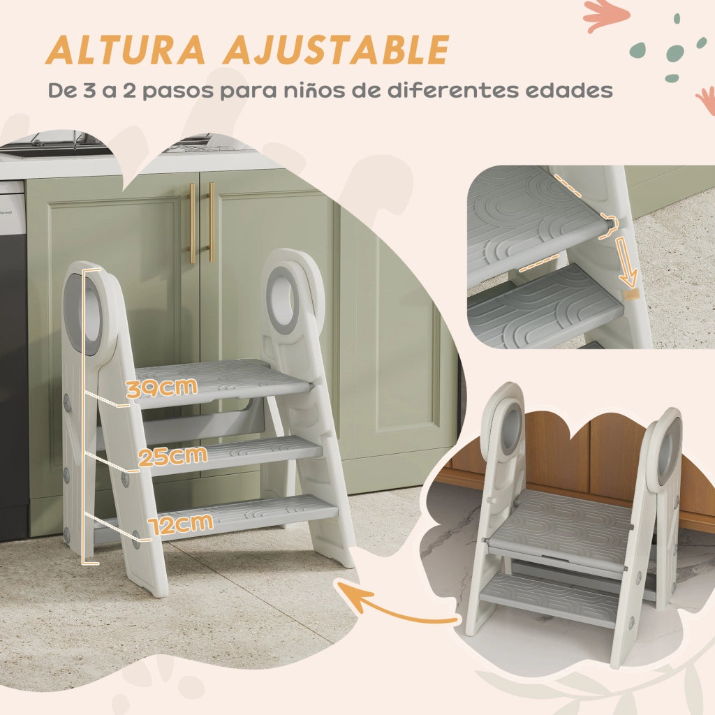 Torre di apprendimento regolabile per bambini ¨C Xylo ¨C Grigio e bianco con scaffale antiscivolo