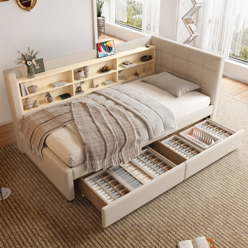 Letto a giorno con 2 cassetti; porta USB e Tipo-C; ripiani e doghe; lino beige; 90x200 cm; senza materasso