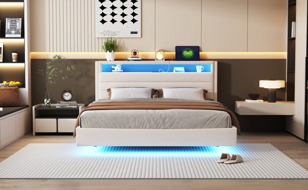 DESMIU Letto matrimoniale 160 × 200 cm con USB, LED regolabile, testiera reversibile e vano, senza materasso, beige