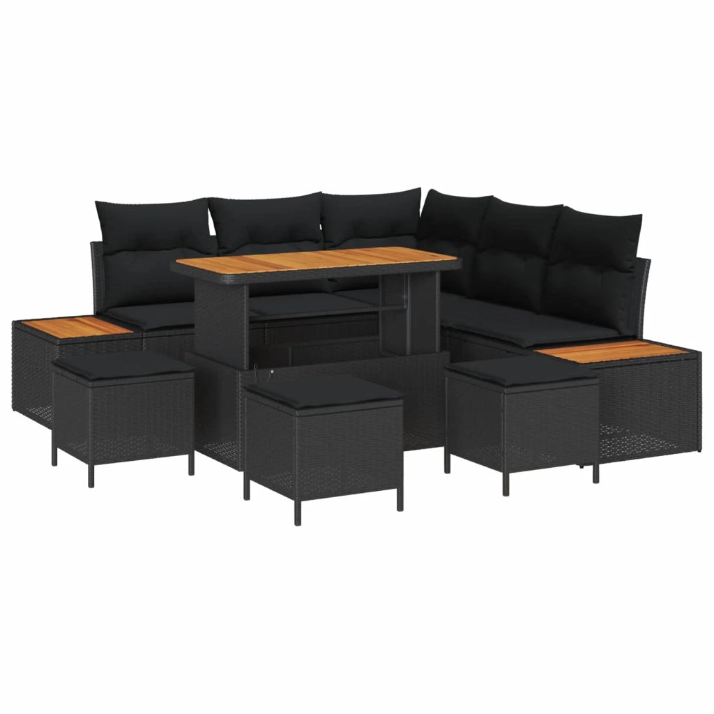 Set Divano da Giardino con cuscino 9 pcs Nero Poly Rattan