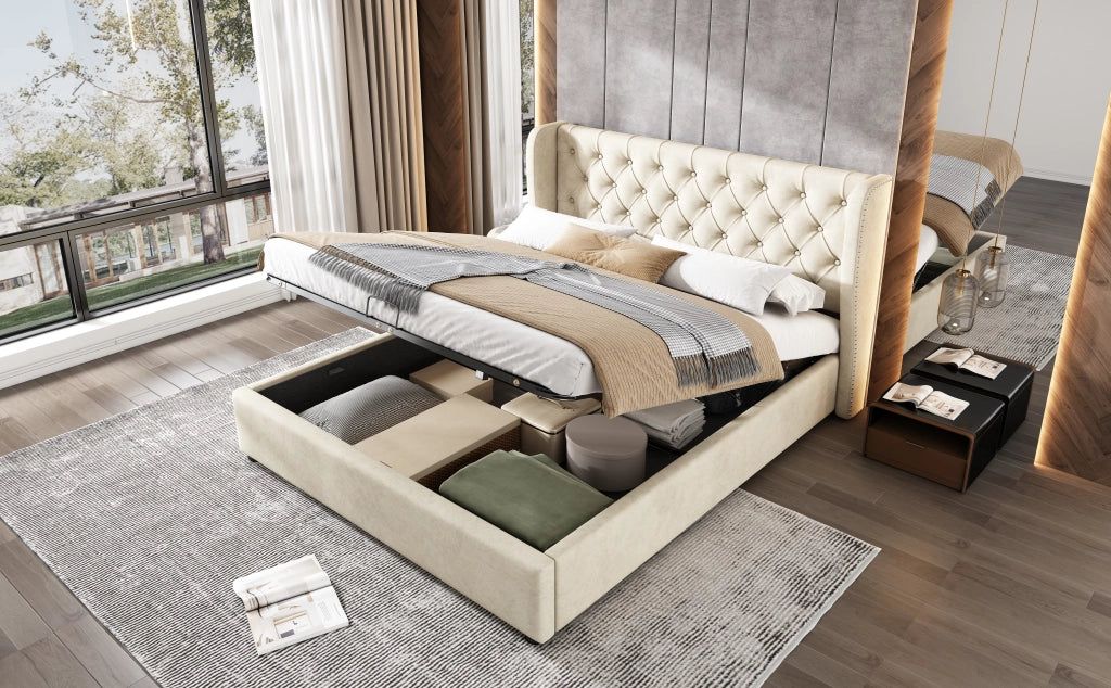 DESMIU Letto contenitore 2 posti con vano idraulico, 160 × 200 cm, senza materasso, in velluto beige