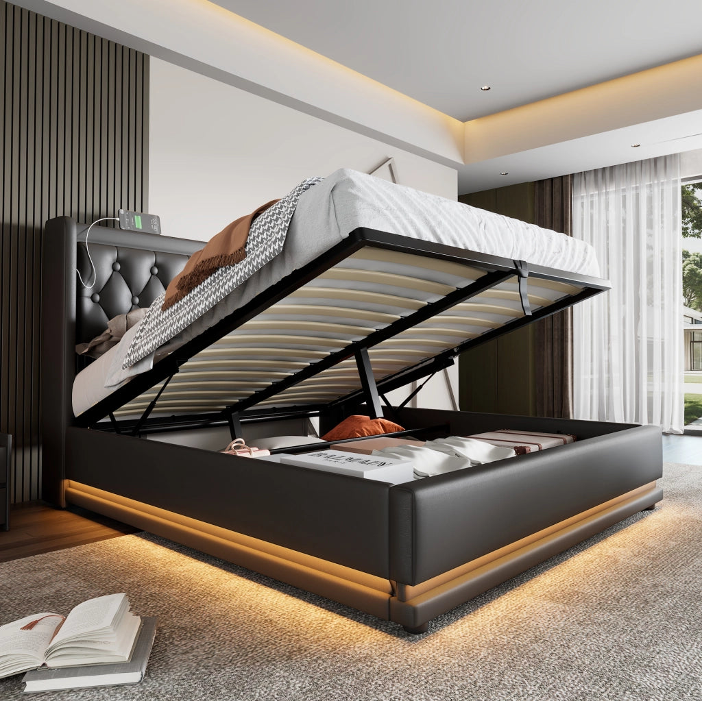 OKWISH Letto contenitore 140×200 cm, Letto Matrimoniale con Sollevamento Idraulico, USB, Type C e LED 3 Lati, senza Materasso, PU, Nero