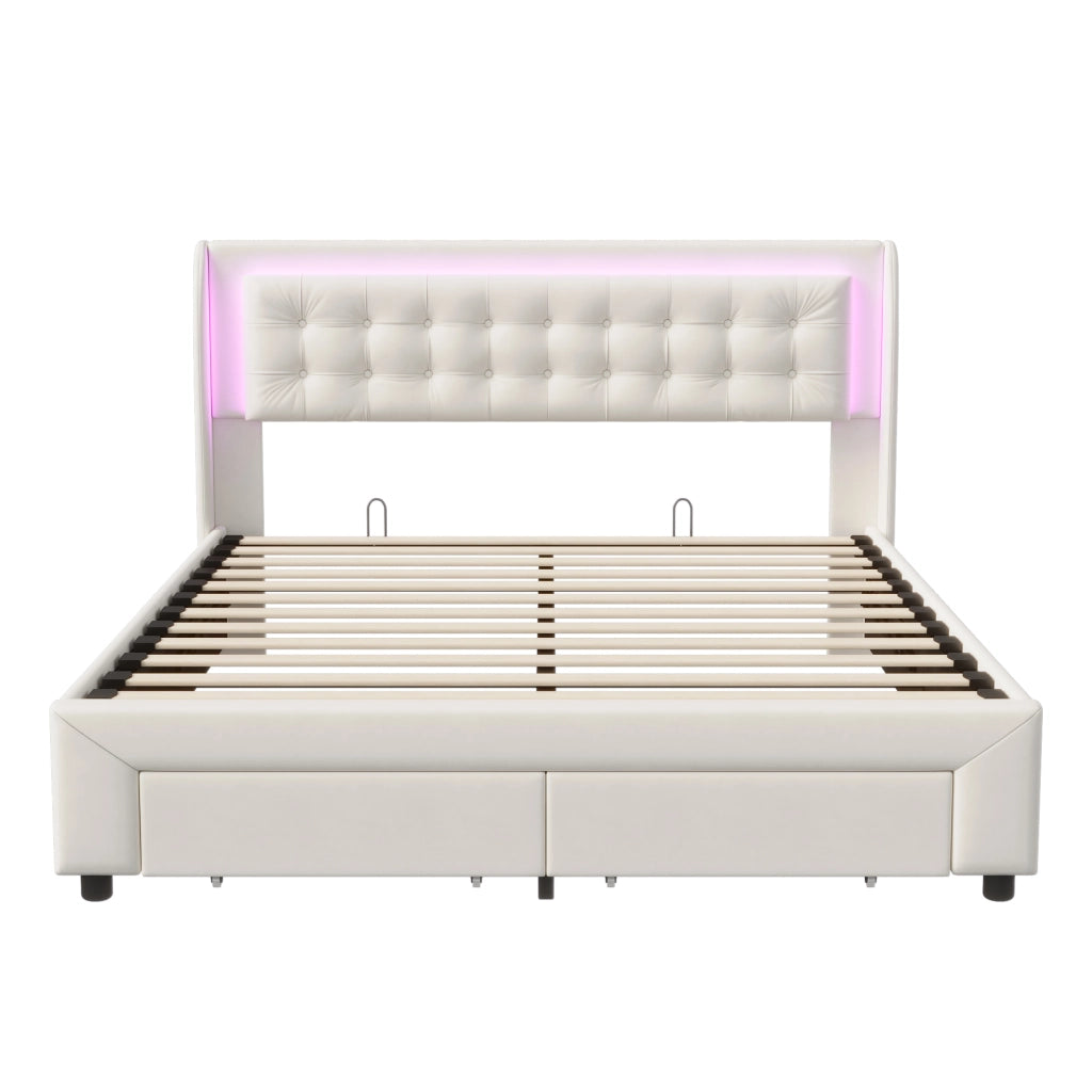 Letto matrimoniale contenitore idraulico 180x200 cm, imbottito velluto beige, testiera LED RGB telecomandata, 2 cassetti, 350kg