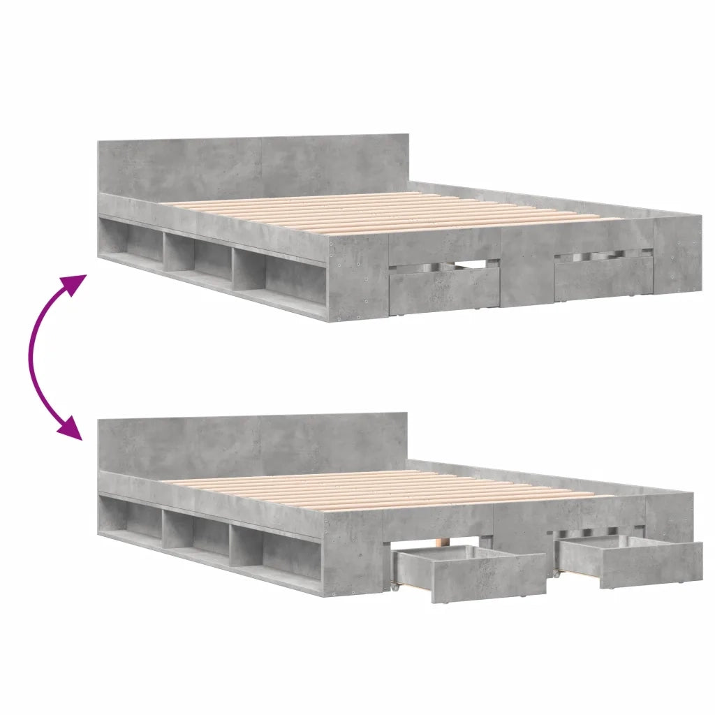 Letto matrimoniale | Letto per adulti | Giroletto Cassetti Grigio Cemento 140x190 cm Legno Multistrato