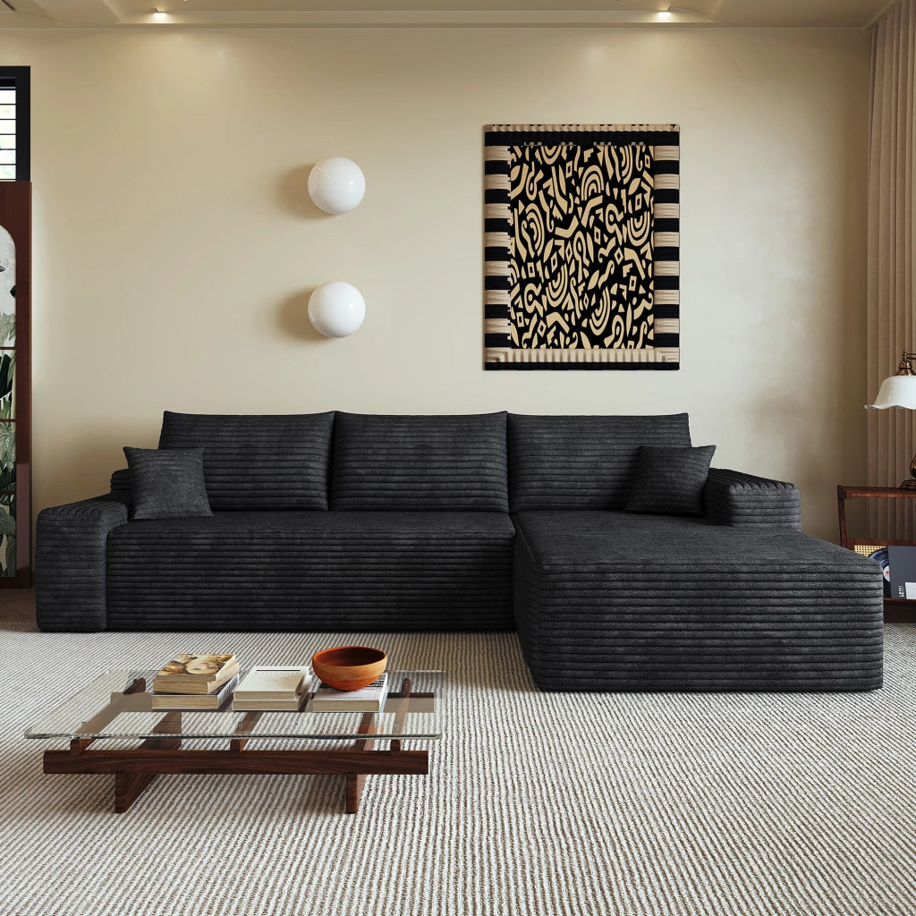 Divano angolare modulare 270 cm - con chaise longue a L - in velluto a coste nero