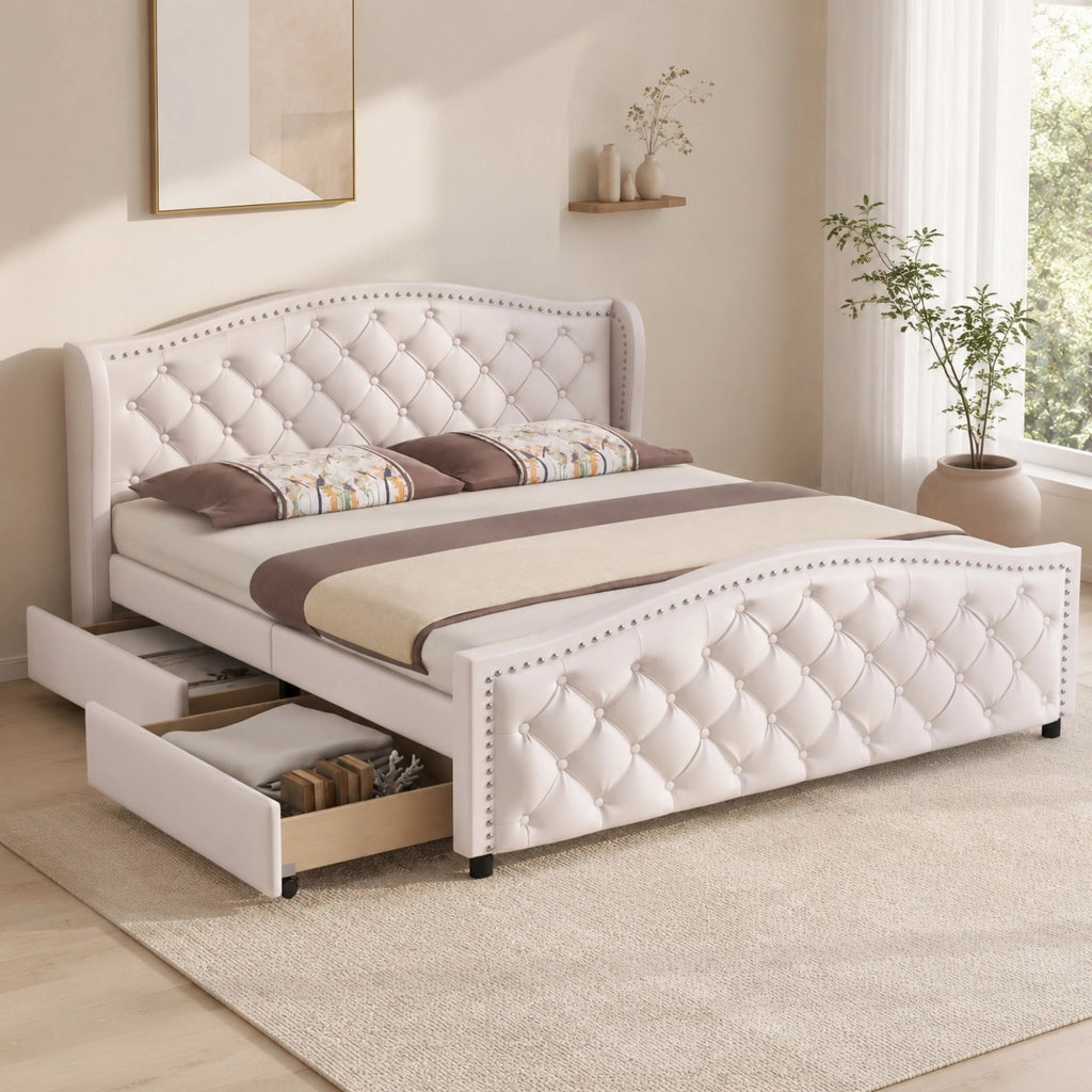 LETTO Imbottito 140x200 cm Bianco PU con rete a doghe e 2 cassetti