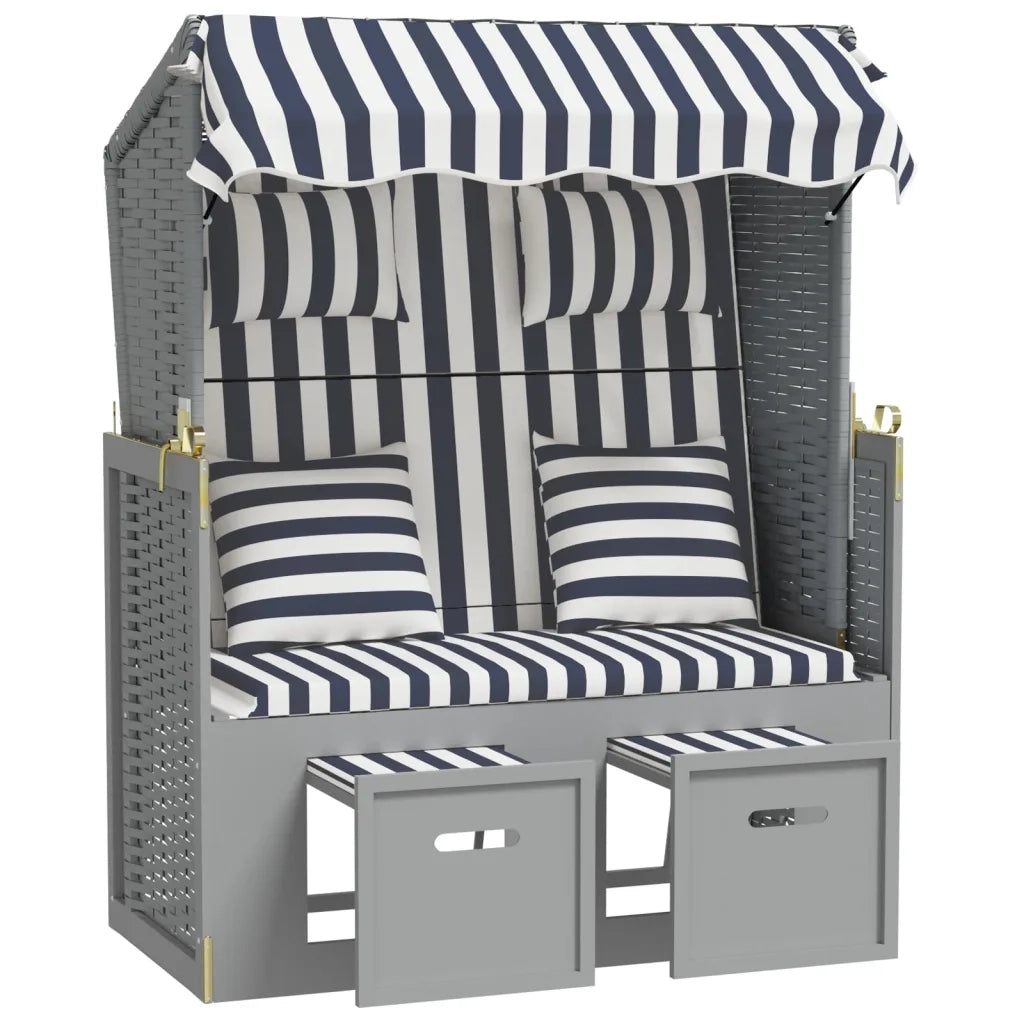 Strandkorb con Cuscini Polyrattan e Legno Massello Blu e Bianco 318660