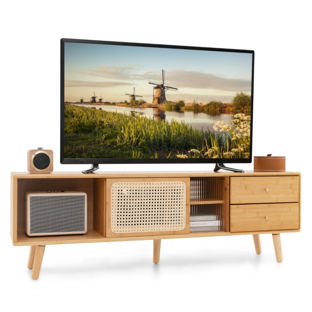 Mobile in Bamb¨´ per TV fino a 65 Pollici con porte in vetro e rattan, Tavolino per TV con 2 cassetti Naturale
