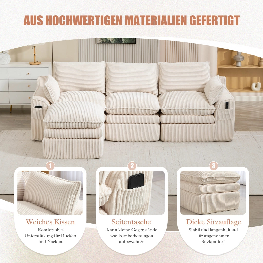 Divano modulare 3 posti - con pouf; tasche laterali e cuscini - in corduroy beige