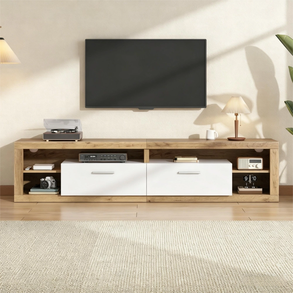 Mobile TV- LED app- 2 cassetti- 4 vani aperti- legno/bianco- 180x35.5x50 cm- per TV 75"