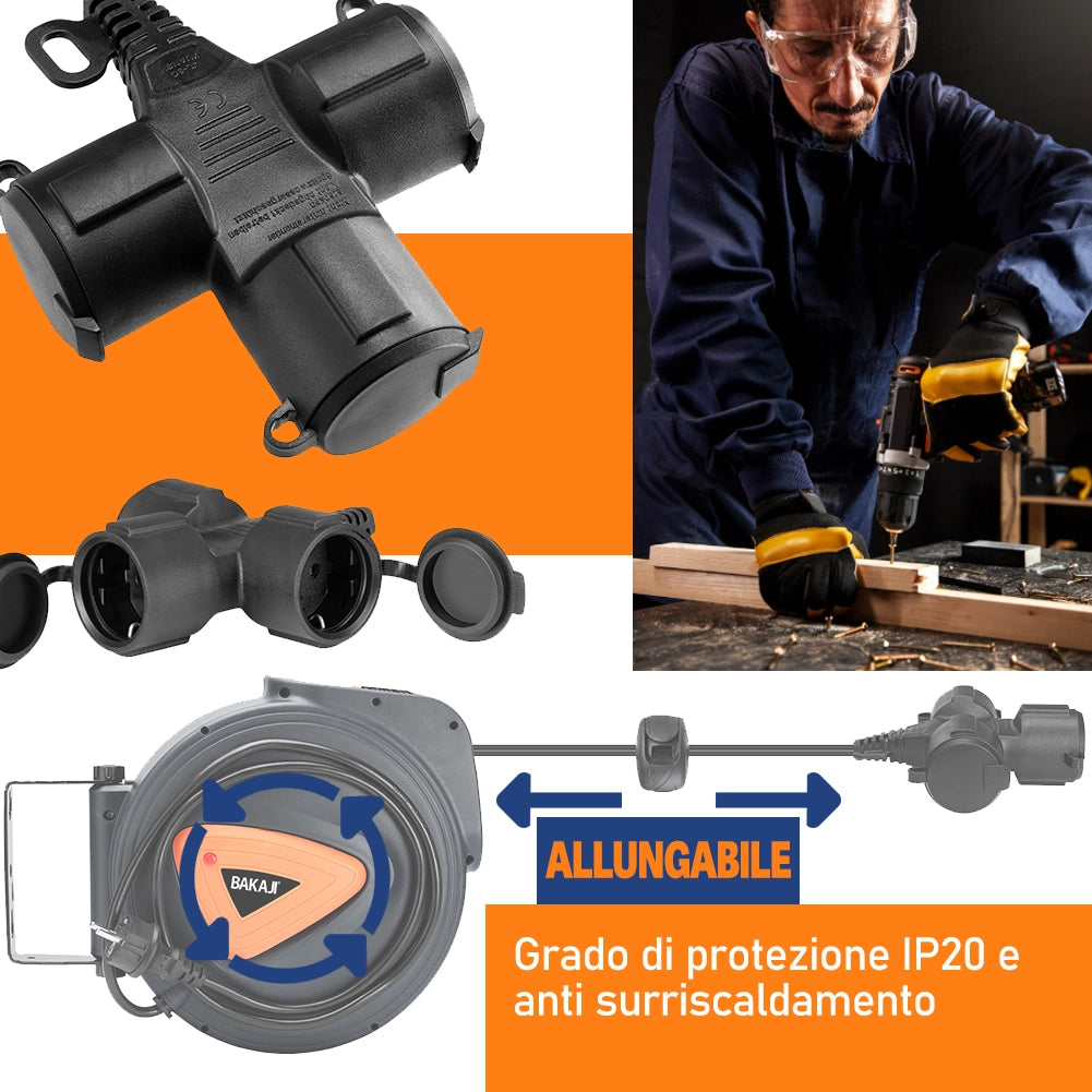 Avvolgicavo Elettrico IP20 10 Metri Rotante a 180° con Multipresa a 3 Teste e Guanti Nero e Arancione