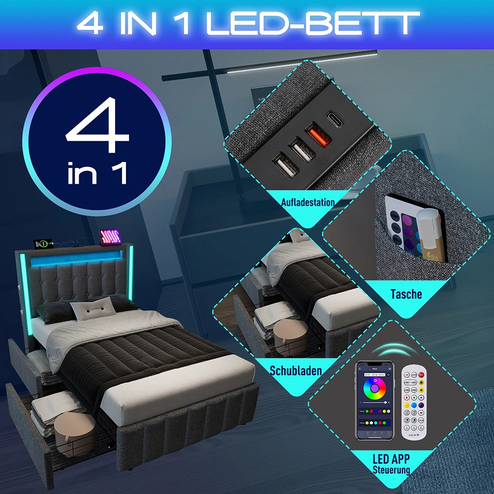 Letto singolo con tiroir e LED - Xylo - 90x200 cm - Grigio