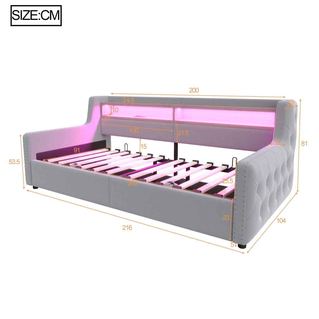 Letto singolo 90×200 cm con contenitore; LED; ripiano; USB e Type-C; senza materasso; velluto; grigio chiaro