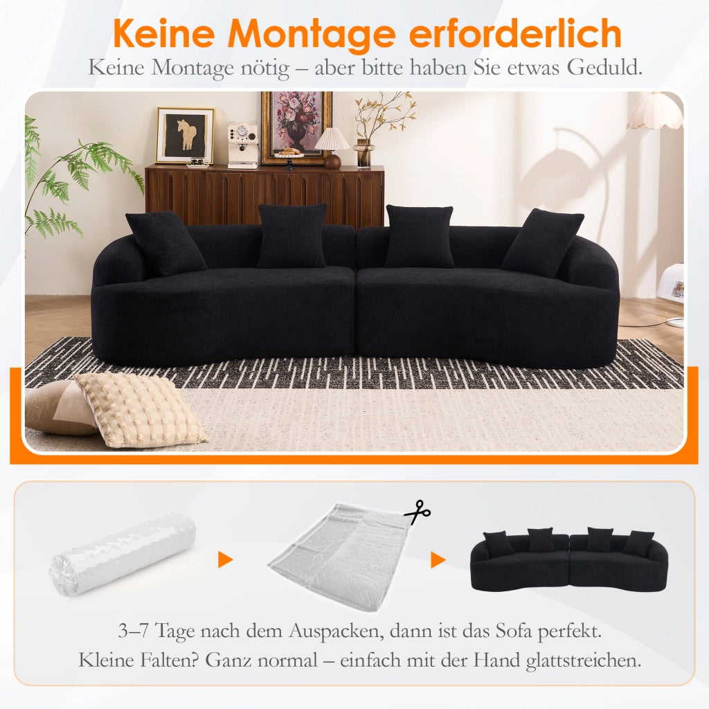 Divano angolare modulare 4 posti con design curvo per soggiorno in chenille nero stile moderno 275×115×63 cm