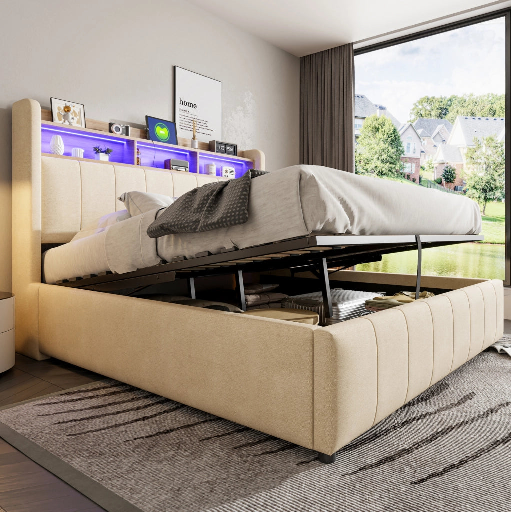 Letto imbottito 160x200 cm con LED, USB/Type-C e vano contenitore