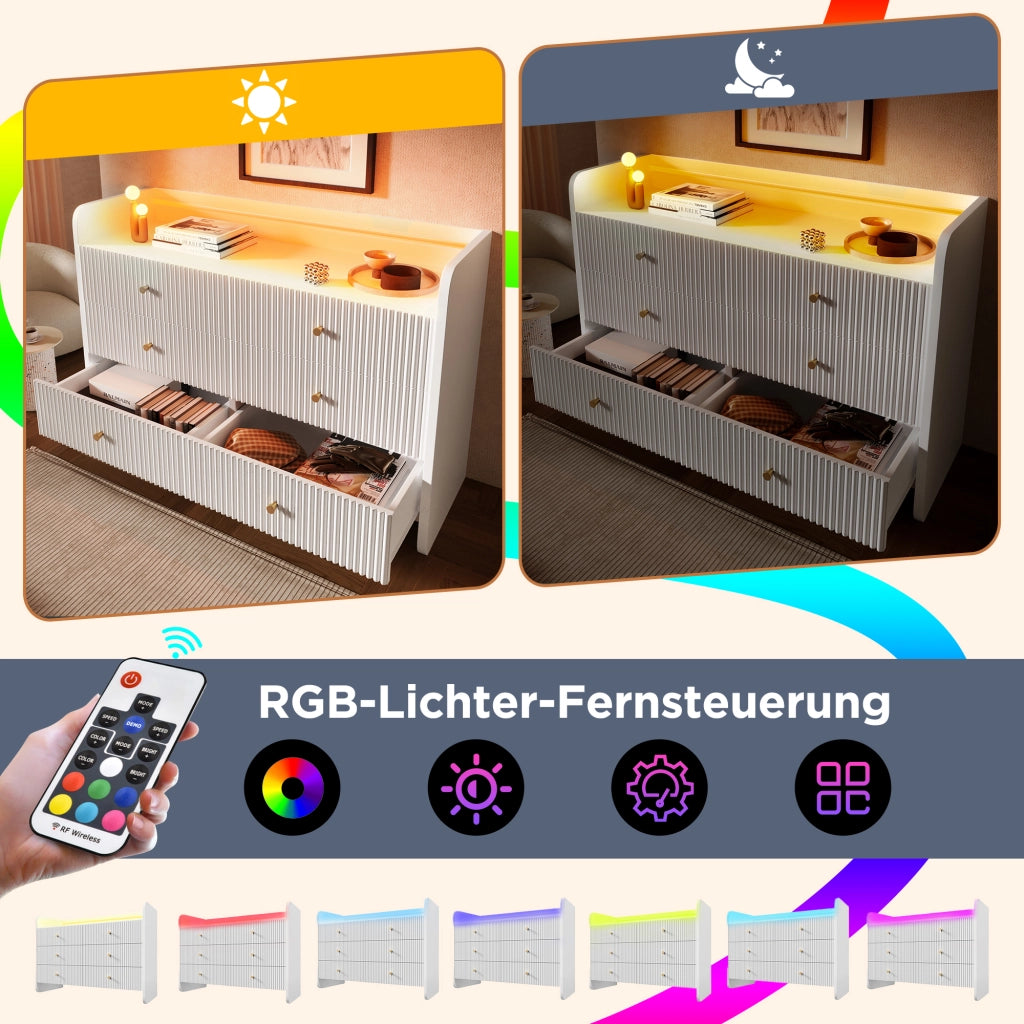 CREDENZA con LED, 120x40x75 cm, bianco, 6 cassetti