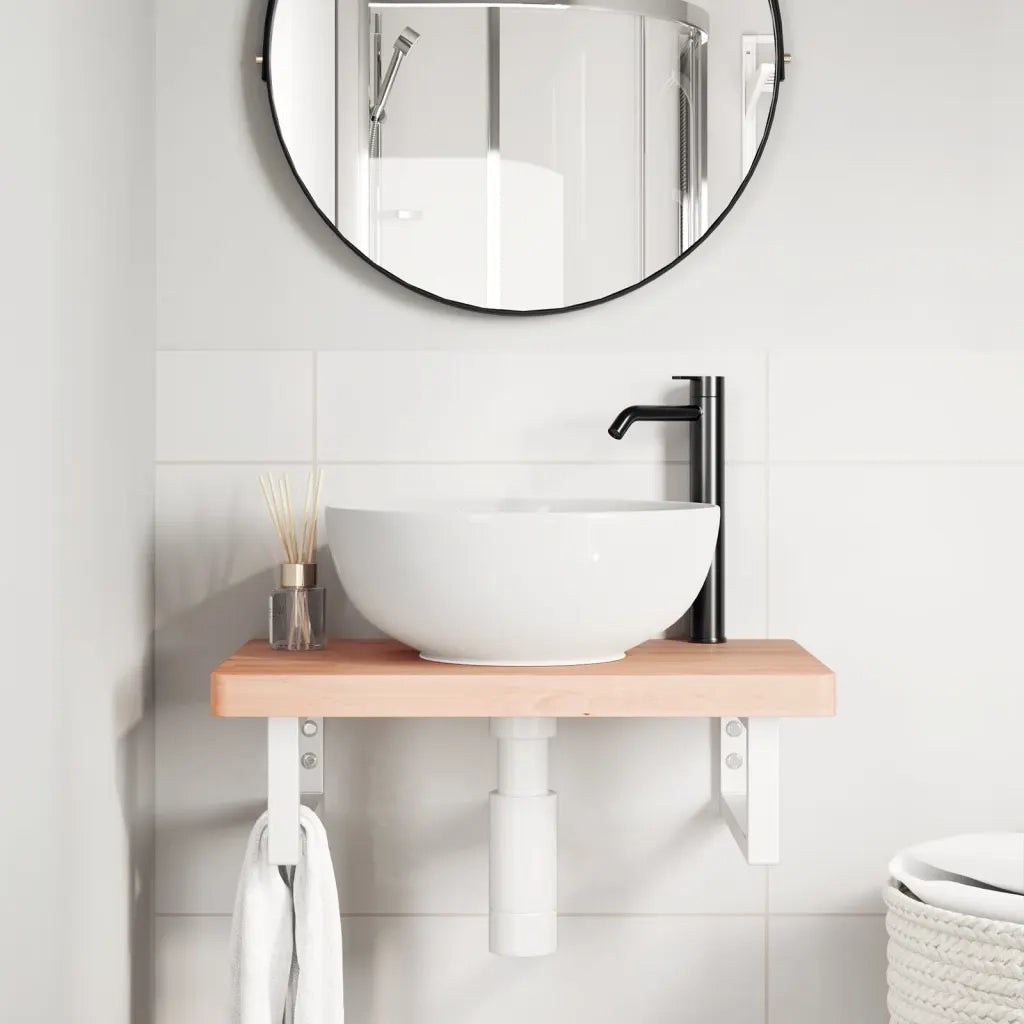 Ripiano a Parete per Lavabo in Acciaio e Massello di Faggio 3302360
