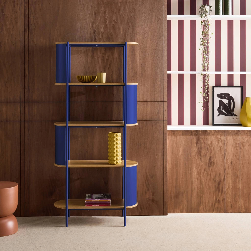 Libreria in metallo curvato e legno a 5 livelli, blu