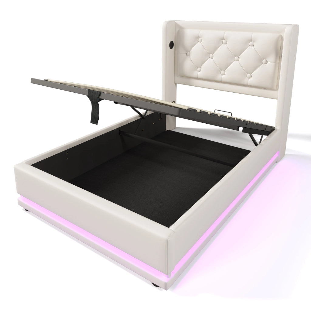Letto singolo imbottito 90x200 cm in PU bianco con contenitore; LED e USB Type-C
