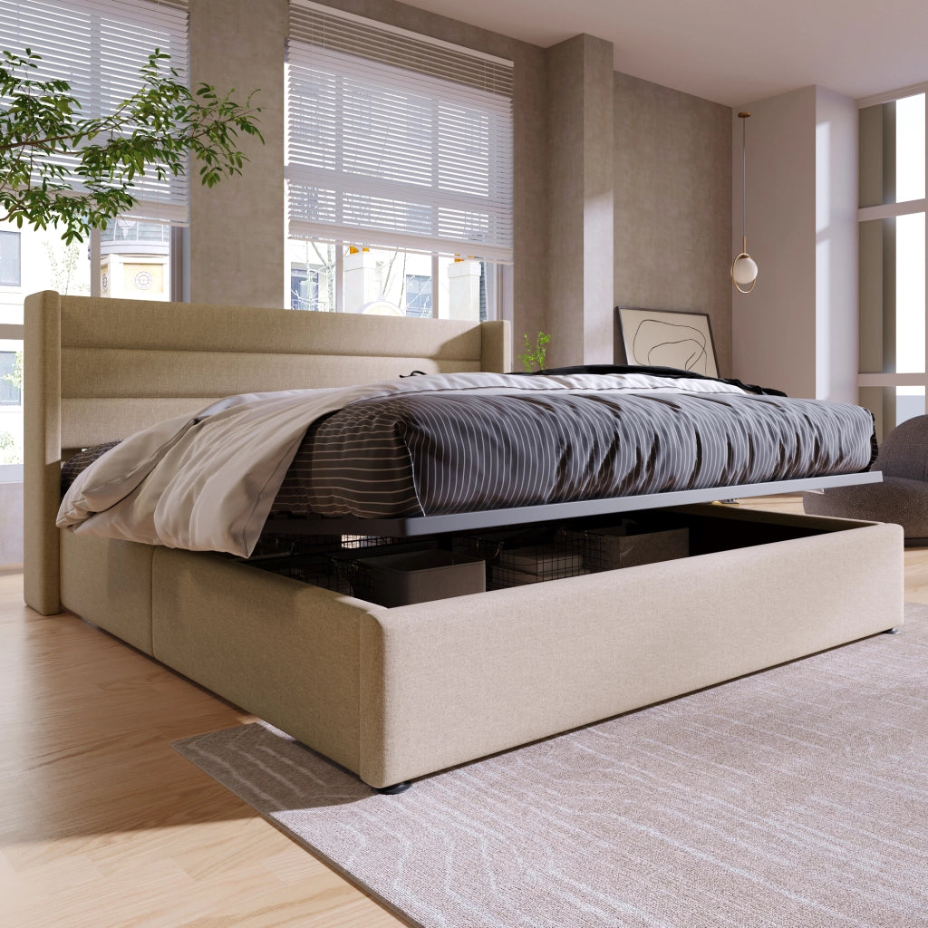 letto imbottito lino beige 140 x 200 cm