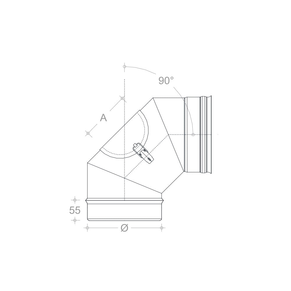 Curva gomito mf da 120mm con ispezione aderente in acciaio inox aisi 304