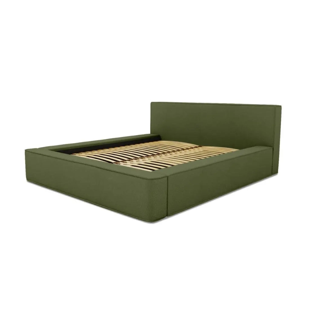 Letto contenitore VELORA – Olive bouclé – 180x200 cm – Tessuto velluto morbido – Rete sollevabile – Contenitore integrato