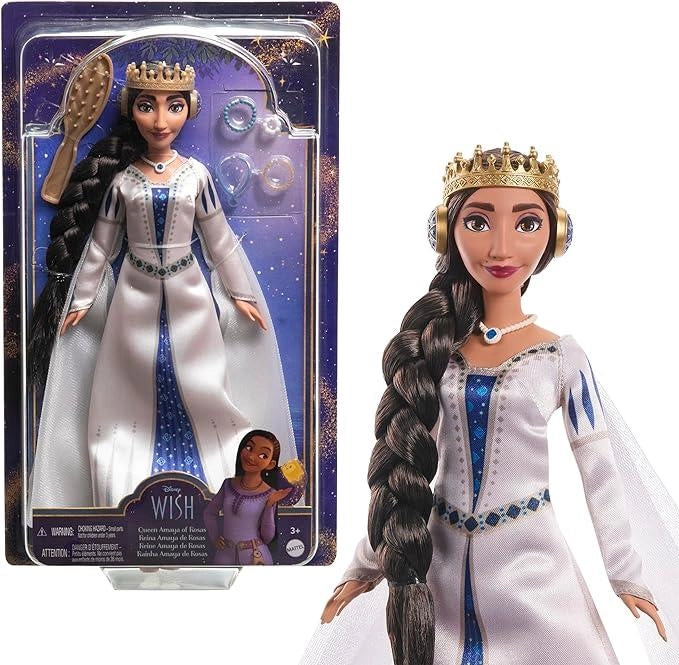 Bambola,Disney Wish - Regina Amaya di Rosas, bambola snodata con abito regale, corona e accessori rimovibili inclusi, lo