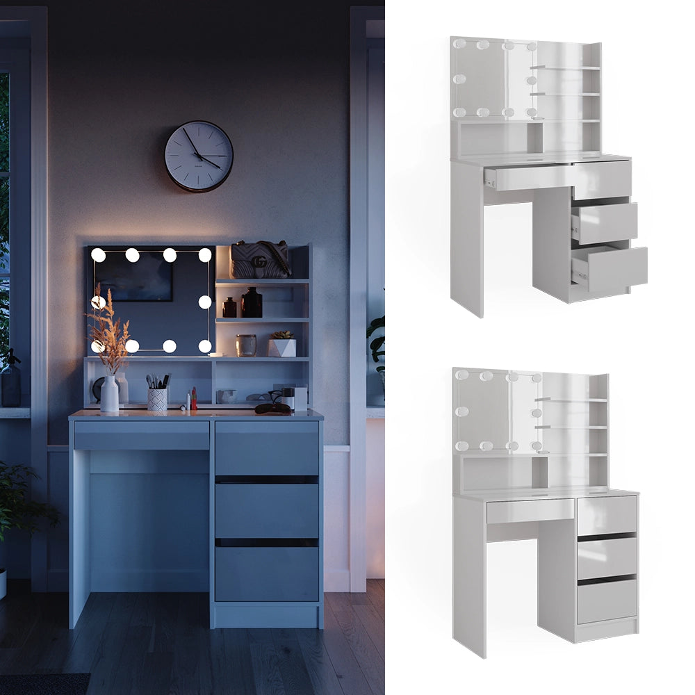 Vicco Tavolo da toeletta Bianco 90 cm con illuminazione a LED e ripiano a specchio