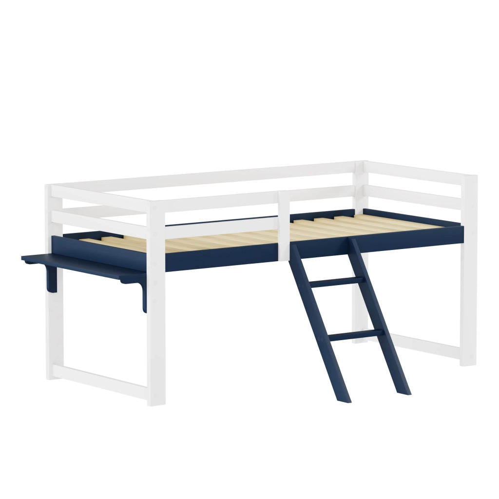 Letto a soppalco per bambini 90x200 cm in legno massello di pino, letto per bambini con sistema anticaduta, scaletta fissa e tavolino contenitore, ret