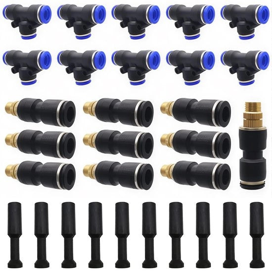 Irrigatore a spruzzo in ottone - Bocca di spruzzo regolabile - 10 pezzi di connettore a T - 10 pezzi di chiodo di chiusura - Pressione d'acqua 2-8 kg - Diametro bocca di spruzzo 1,1 mm - Irrigatore da giardino