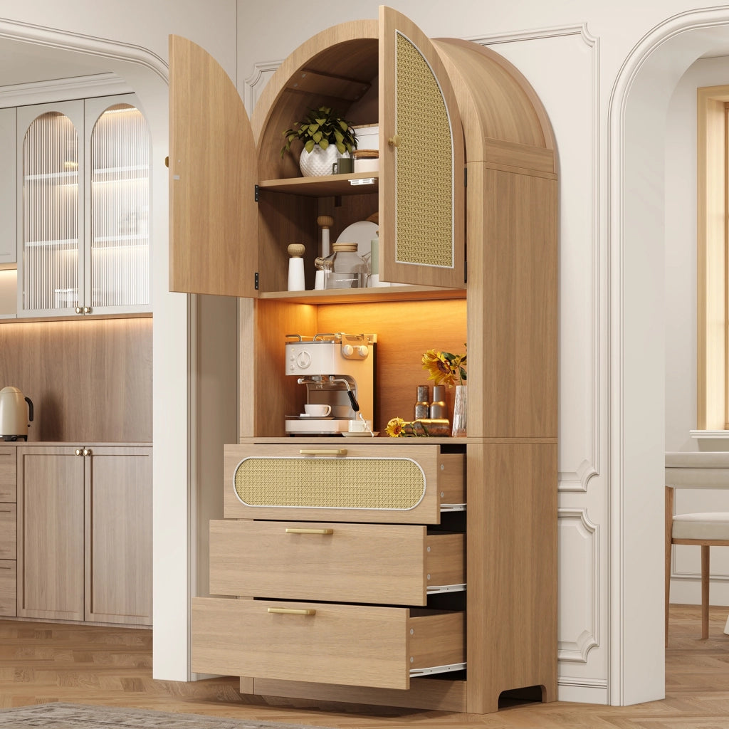 Mobile da cucina, mobile da ingresso, vetrina ad arco, luci a LED, ante in vimini, 3 cassetti, 80 x 35 x 180 cm, color rovere