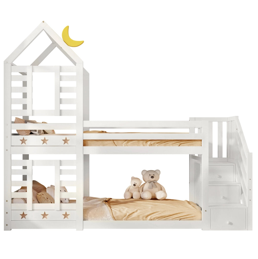 Letto a castello a casetta con scala contenitiva e cassetti, bianco, 90x200 cm
