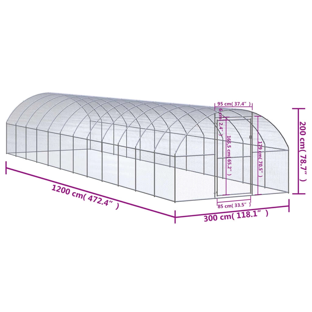 Pollaio/recinto/gabbia per polli da esterno 3 x 12 x 2 m acciaio zincato argento 02_0044000