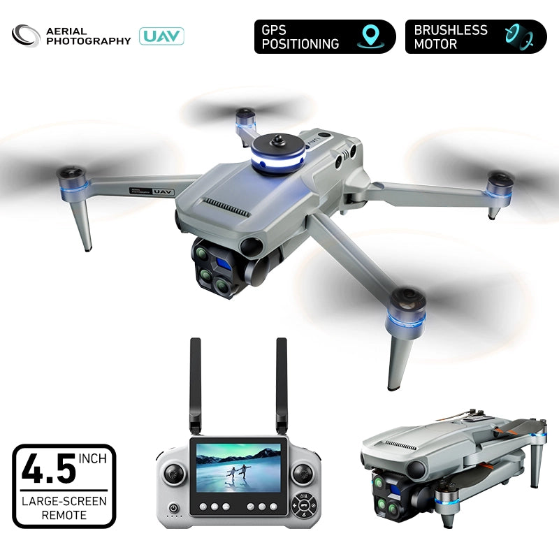 Drone con telecamera PT50 1080P GPS 3 batterie 3.7V 2700mAh 57 min schermo 4.5 zoom 5x doppia camera evitatore ostacoli 90 gradi pieghevole 14+ 300 mt
