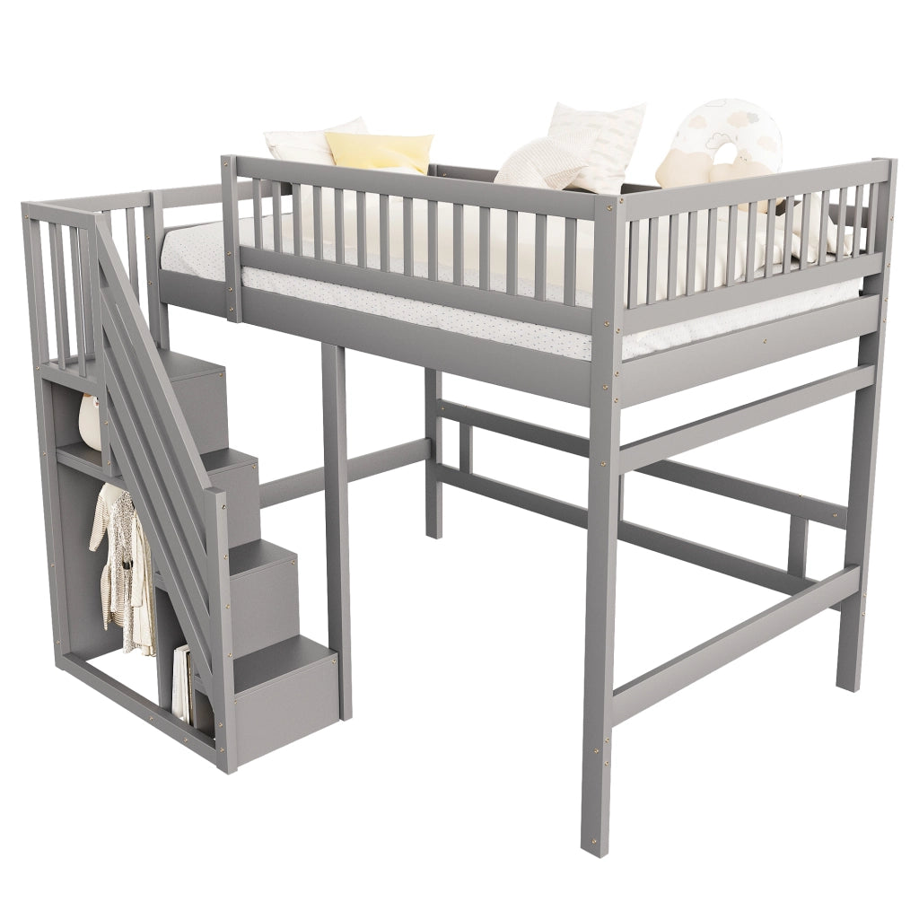 Letto a soppalco in legno massello con scala contenitore e recinzione alta; grigio; 140x200 cm; senza materasso