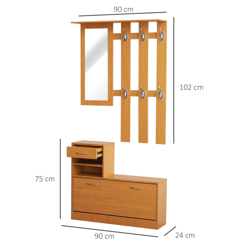 Set Mobili Ingresso Moderno con Scarpiera e Specchio, Appendiabiti da Ingresso con 6 Ganci, 2 Ripiani Regolabili e Cassetti in Legno per Corridoio, 90x24x166 cm, Legno