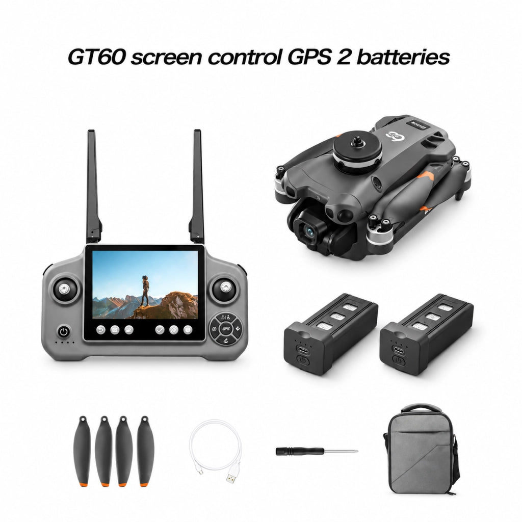 Drone pieghevole con telecamera GT60 720P GPS 2 batterie 3.7V 2650mAh 40 min schermo 4.3 evitatore ostacoli 245g gimbal 90 gradi 5G 12+ EIS borsa 6 CH