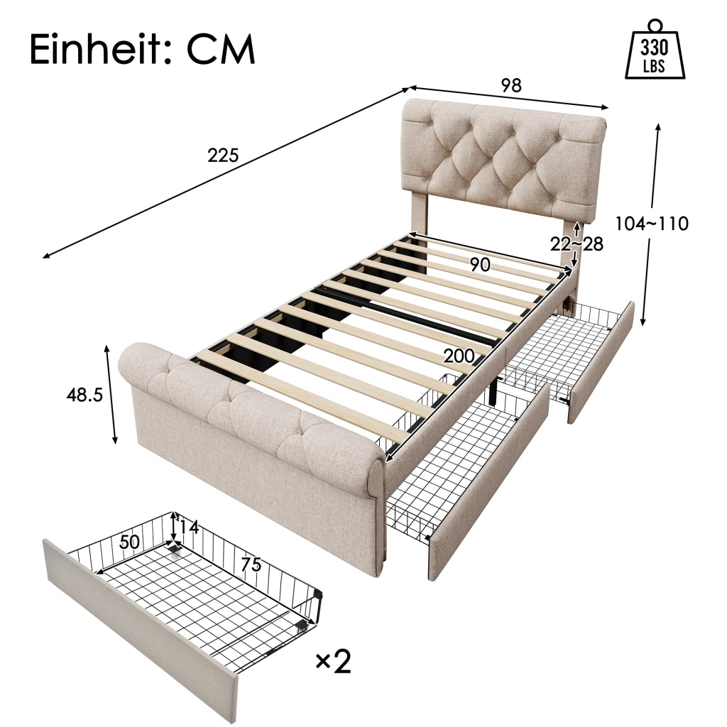 letto imbottito metallo e legno naturale 90 x 200 cm