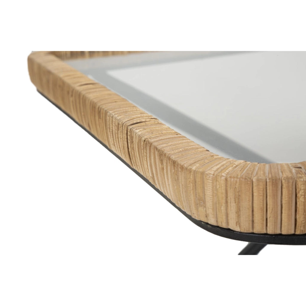 Tavolino da caffè Saint Barth rettangolare con vetro, ferro e rattan — 70x50x45 cm