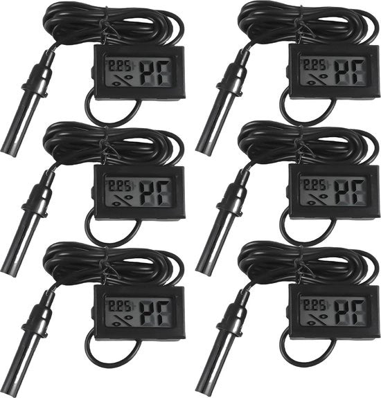 Termometro e Igrometro LCD Mini - 6 Pezzi - Sensore e Cavo 15m - Reptili - Incubatore - Misuratore di Temperatura e Umidità.
